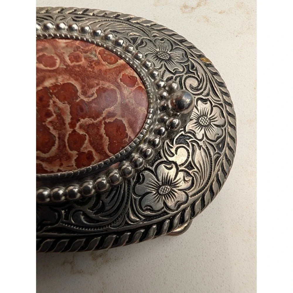 Vintage Western Floral Engraved Belt Buckle with Red Jasper Stone Centerpiece